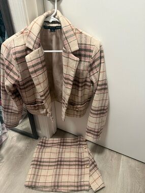 HYFVE Cream and Pink Plaid Cropped Blazer & Skirt Set